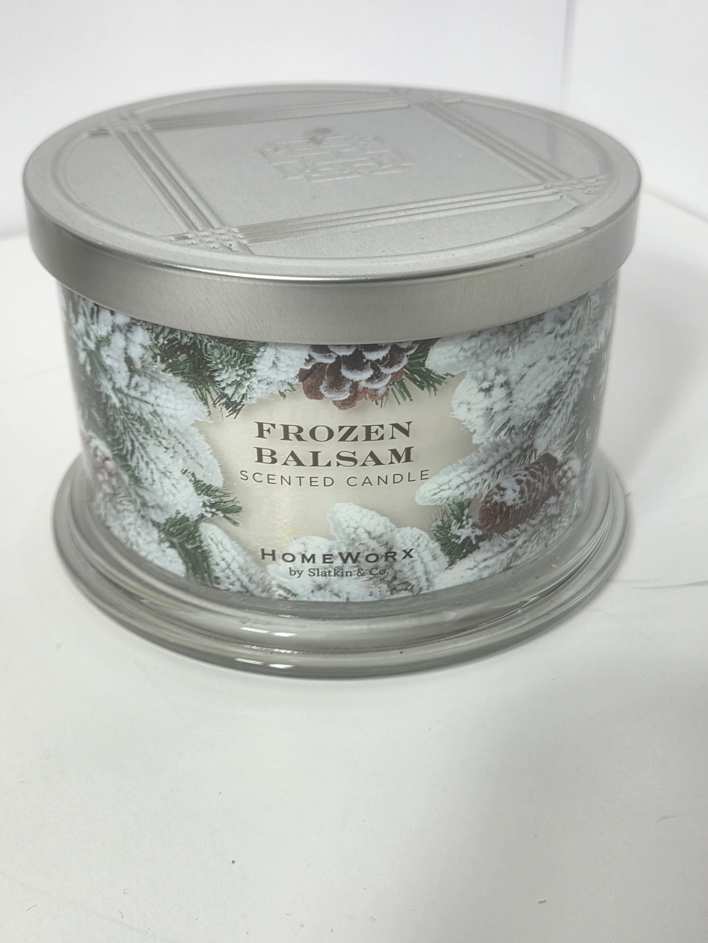 homeworx by slatkin co Frozen balsam 4 wick scented candle white jar